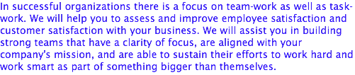 In successful organizations there is a focus on team-work as well as task-work. We will help you to assess and improve employee satisfaction and customer satisfaction with your business. We will assist you in building strong teams that have a clarity of focus, are aligned with your company's mission, and are able to sustain their efforts to work hard and work smart as part of something bigger than themselves.