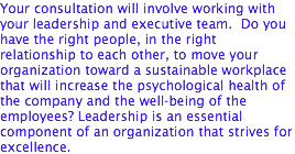 Your consultation will involve working with your leadership and executive team. Do you have the right people, in the right relationship to each other, to move your organization toward a sustainable workplace that will increase the psychological health of the company and the well-being of the employees? Leadership is an essential component of an organization that strives for excellence.