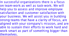 In successful organizations there is a focus on team-work as well as task-work. We will help you to assess and improve employee satisfaction and customer satisfaction with your business. We will assist you in building strong teams that have a clarity of focus, are aligned with your company's mission, and are able to sustain their efforts to work hard and work smart as part of something bigger than themselves.